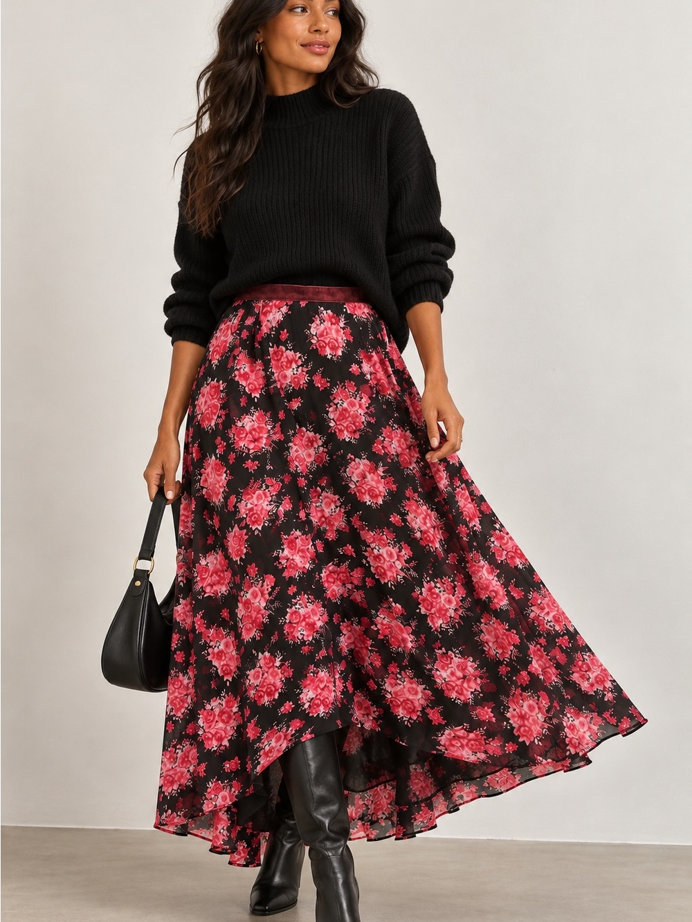LoveShackFancy Black High-Low Maxi Skirt with Pink Floral Print
